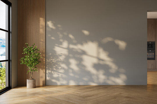Modern interior design of apartment with empty room, blank wall, wooden floor, plant, window, kitchen and natural shadow, 3d rendering