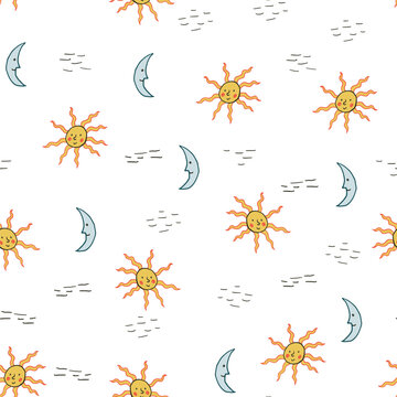 Cute Sun and Moon Seamless Pattern on Light Background