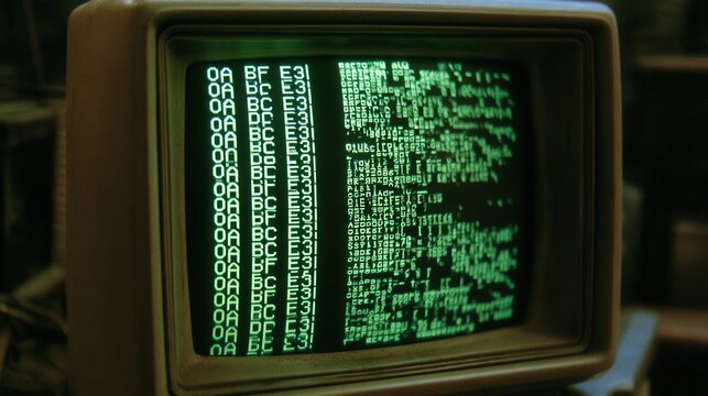 Retro computer screen displays green text and code in a dark room at night with old technology around