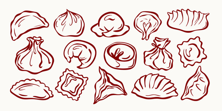 Hand drawn dumpling collection with gyoza, pelmeni,  wontons, bao buns and Asian cuisine. Vector illustration.