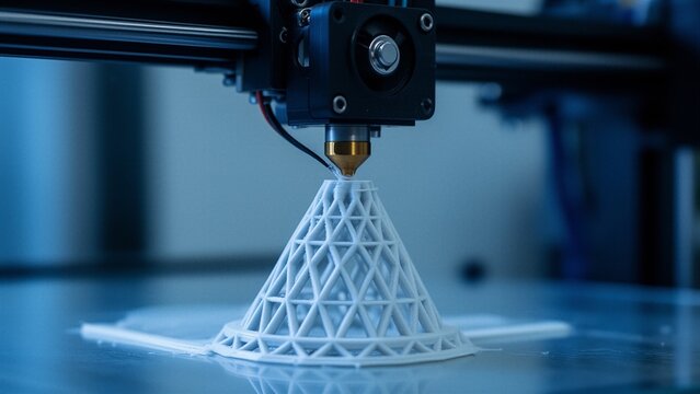 A 3D printer creating a geometric cone structure with precision.