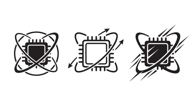 Three black and white icons depicting quantum computing chips with dynamic energy flow