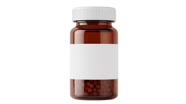 A brown medicine bottle with a white label on transparent background