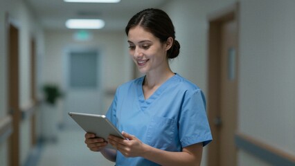 Obraz premium A smiling female nurse in blue scrubs stands in a hospital hallway, using a tablet for patient care. The background is softly blurred.
