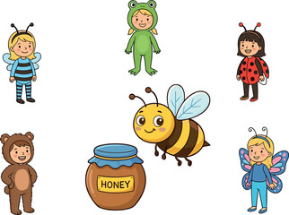 Fototapeta premium Flat icon bundle of little kids in frog bee ladybug bear butterfly outfits with organic honey pot element design