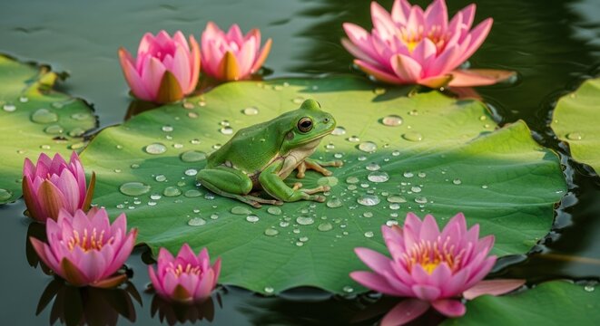 A green tree frog with a White's tree frog or a similar species, resting on a large, dew-covered lotus leaf