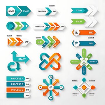 Collection of modern infographic flow chart elements and process arrow diagrams.