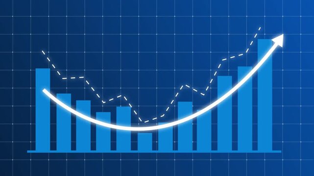 Blue business bar chart showing recovery with rising curved arrow after decline. Business growth concept in graph chart showing marketing sales profit increasing to future target .