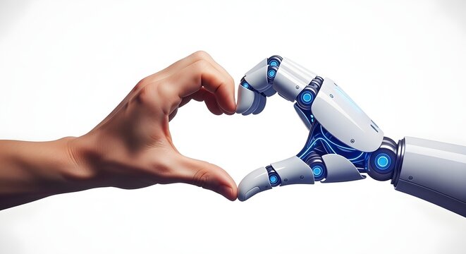 Robot and human hand forming heart shape, technology and people concept, futuristic design, white background