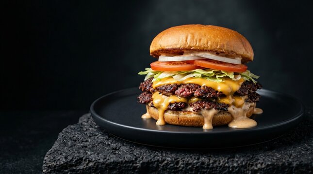 Double smash burger with melted cheese drip on dark dramatic background, food photography copy space