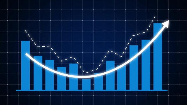 Blue business bar chart showing recovery with rising curved arrow after decline. Business growth concept in graph chart showing marketing sales profit increasing to future target .