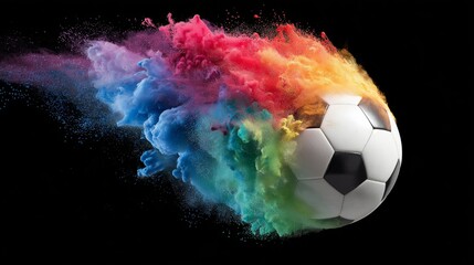 Naklejka premium Dynamic colorful powder explosion effect bursting from a classic black and white soccer ball isolated on black background artistic creative concept