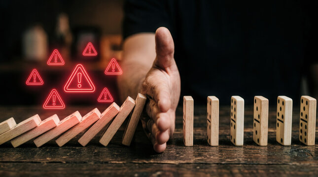 Hand Stopping Domino Effect to Prevent Further Business Risk