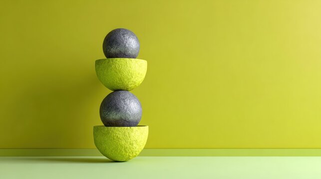 Stacked arrangement of textured hemispheres and metallic spheres creates visual balance against a chartreuse background