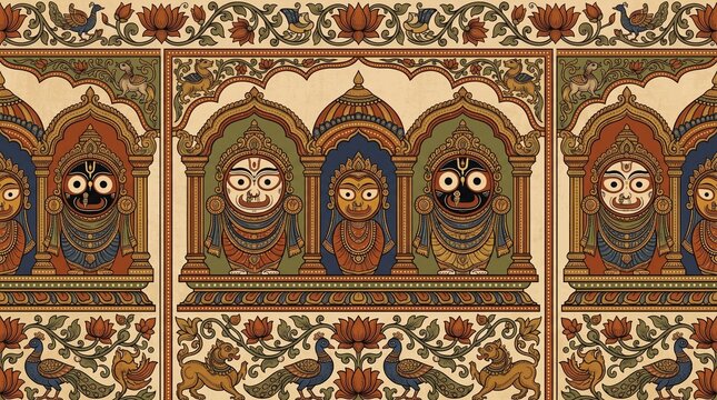 Traditional Indian Patachitra painting style illustration of Lord Jagannath, Balabhadra, and Subhadra with intricate floral borders and peacocks