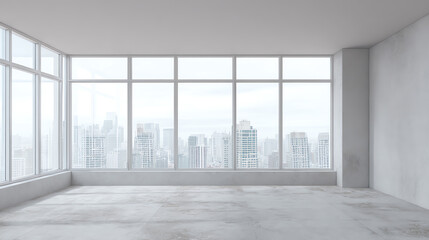 Fototapeta premium Spacious urban interior with panoramic city views through large windows, perfect for modern design and lifestyle imagery.