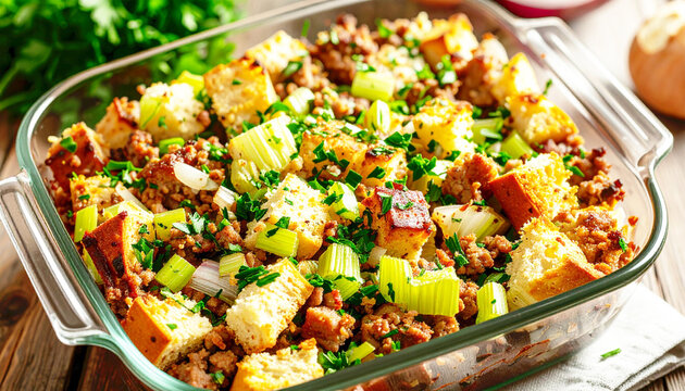 Sausage bread stuffing, celery, onion, and fresh parsley, casserole dish. AI