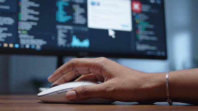 Person's hand using a computer mouse with code on screen