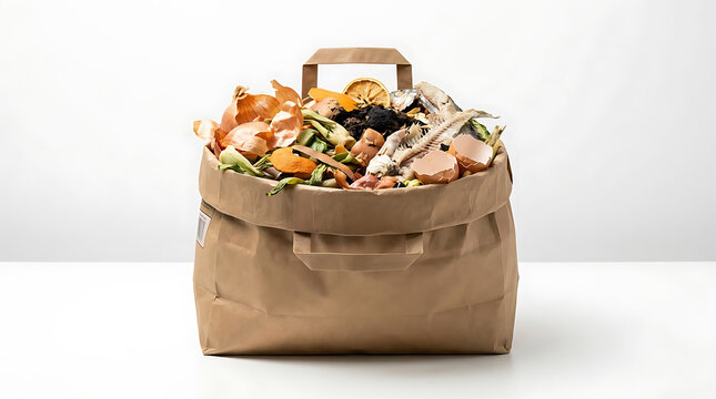 Brown paper bag filled with various organic food waste and kitchen scraps for composting