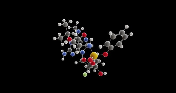 Arbemnifosbuvir molecule, rotating 3D model of antiviral drug, looped video on a black background
