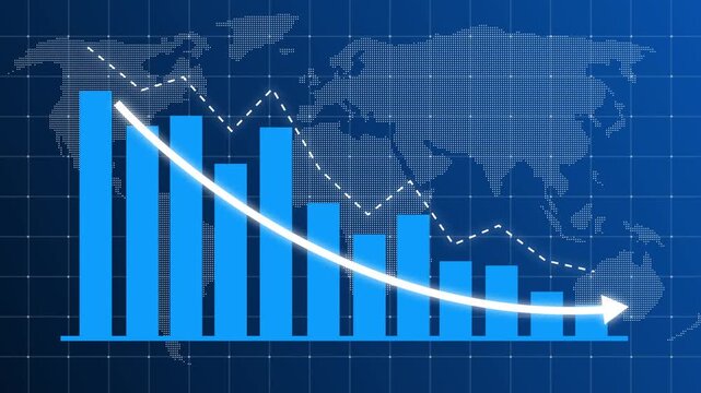 Glowing business bar chart with downward arrow, declining line curve. Symbolizing revenue drop, financial loss, negative growth, market downturn, and decrease business performance, Graph Going down 4k