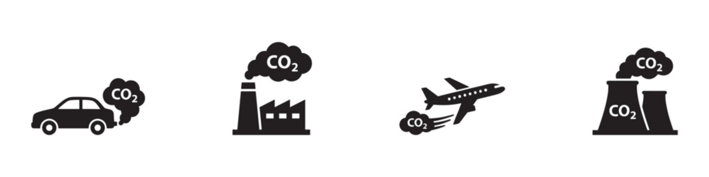 CO2 emission icon set. Carbon dioxide pollution symbol. Factory car and airplane greenhouse gas logo. Climate change sign. Vector illustration. Vector Graphic. EPS 10