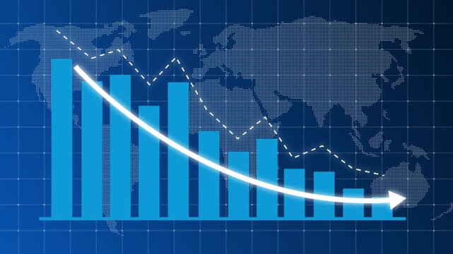 Glowing business bar chart with downward arrow, declining line curve. Symbolizing revenue drop, financial loss, negative growth, market downturn, and decrease business performance, Graph Going down 4k