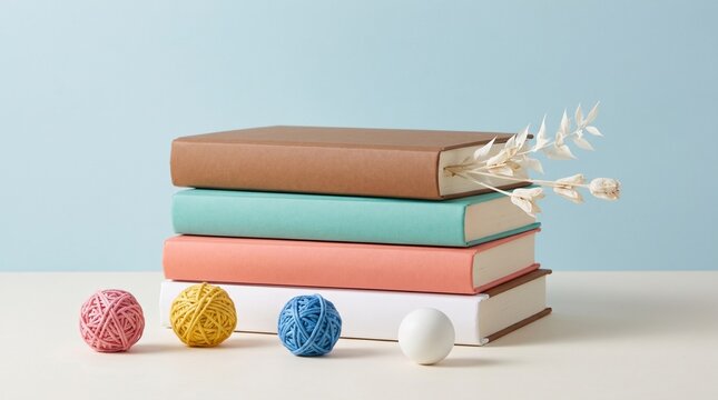Minimalist stack of colorful books with dried flowers, pastel hardcover notebooks on desk, aesthetic library still life for education and hobby