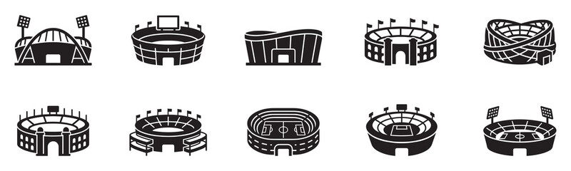 Stadium icon set. Sports arena building silhouettes. Football, soccer, and athletics championship stadium vector illustration elements. © Jeremy_Show