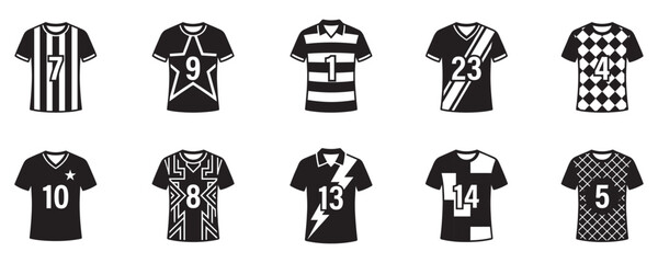 Sport jersey icon set. Soccer, football and basketball team uniform design symbols. Athletic t-shirt with numbers vector illustration elements. © Jeremy_Show