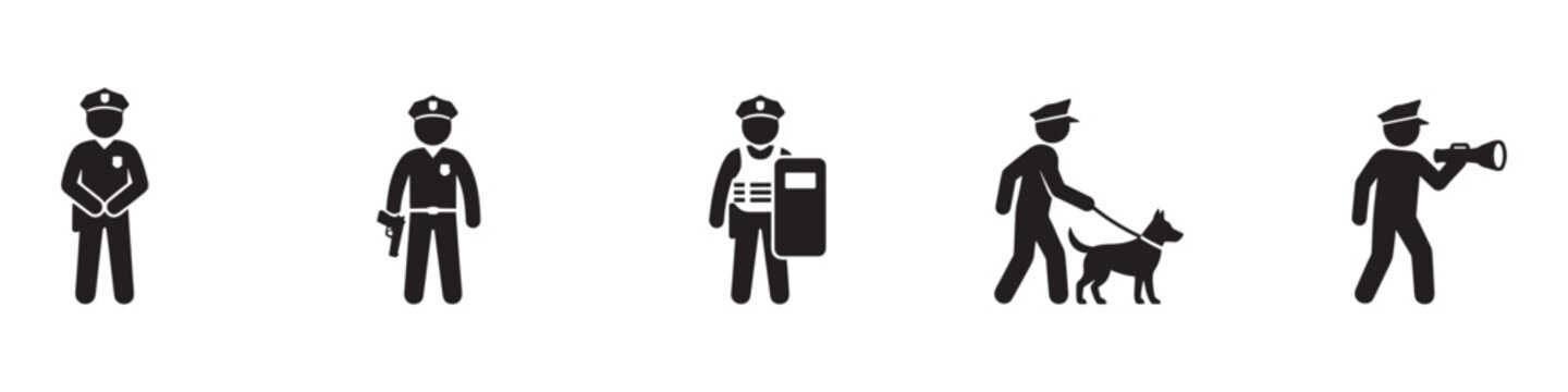 Policeman icon set. Police officer stick figure icon set. Cop and law enforcement silhouettes. Security guard, riot police with shield, k9 unit dog, and flashlight vector elements.