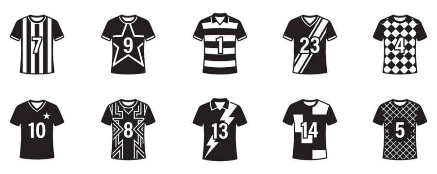 Sport jersey icon set. Soccer, football and basketball team uniform design symbols. Athletic t-shirt with numbers vector illustration elements.