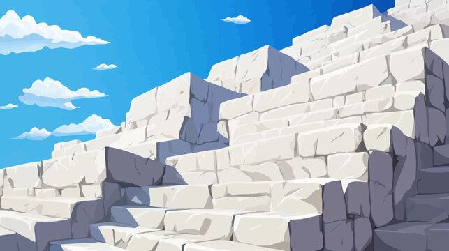 Illustration of stone steps ascending a hill under a clear blue sky with scattered clouds. Each step is gray with defined shadows, creating a sense of depth