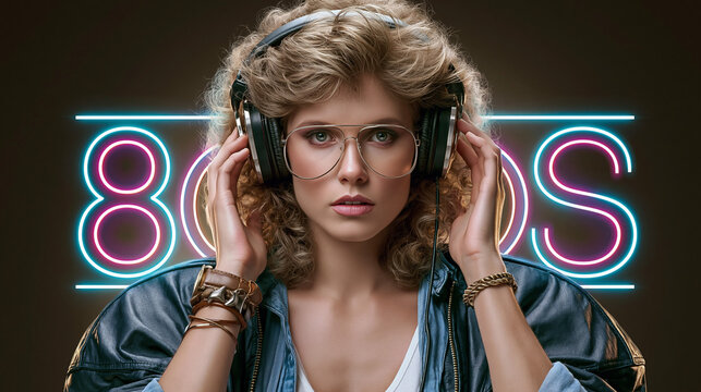 Woman wears headphones and blue jacket with neon lights in 80s theme