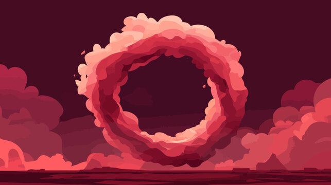 Crimson-hued abstract vortex with concentric wavy ring, dark core, lighter cloud layers, dynamic gradient contrast, surreal floating atmosphere