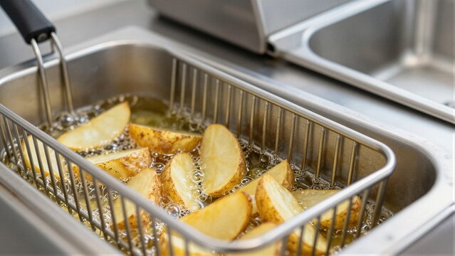 Golden-brown potato wedges frying in a commercial deep fryer with bubbling oil, ready for a delicious meal.