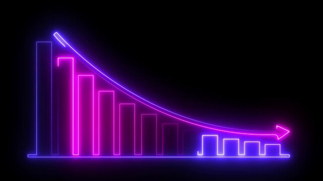 Neon Graph Going down animation. Down business graph icon animation on black background. Loss concept business graph animation. 4k videos