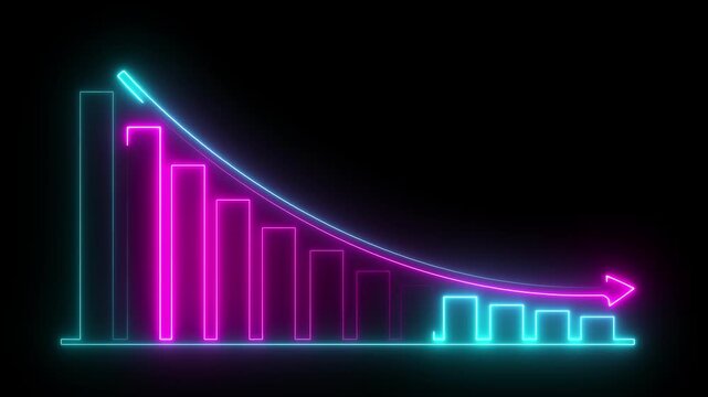 Neon Graph Going down animation. Down business graph icon animation on black background. Loss concept business graph animation. 4k videos