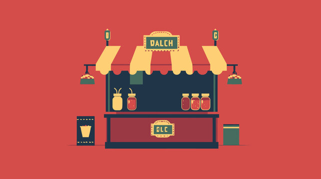 Vibrant cartoonish pixel-art template of a dalchijori stall with colorful striped awning, green chimney, floating jars of mefnyzi, and playful geometric designs