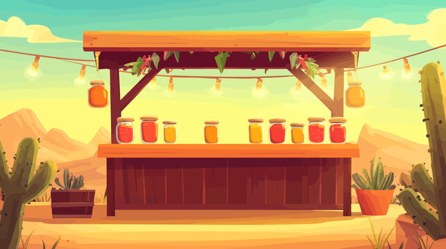 A wooden desert market booth adorned with jars of red and yellow jam, cacti on stands, string lights, and a sunset backdrop, radiating warm, inviting charm