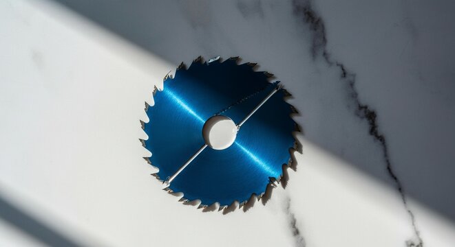 Flat lay directly overhead view cleanly snapped blue steel hacksaw.