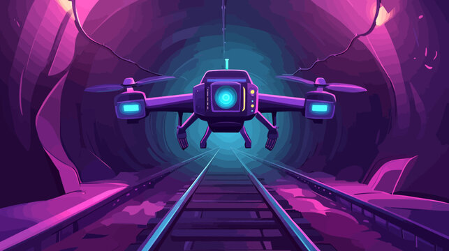 Futuristic robot navigating train tracks in a neon-lit tunnel with metallic textures