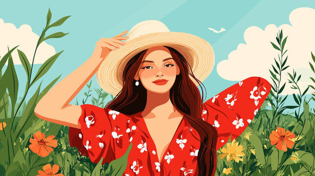 A cartoon woman ina red floral dress and straw hat poses amidst a vibrant field of flowers under a clear blue sky