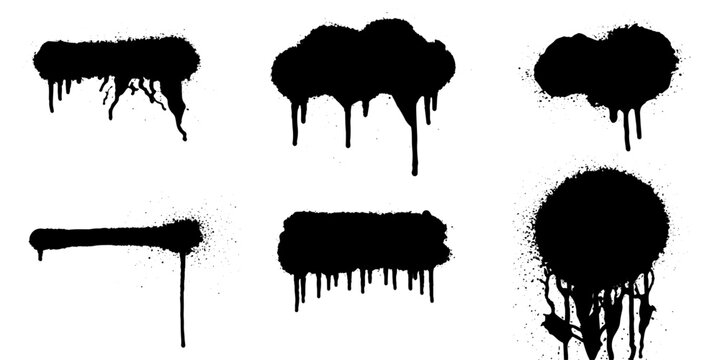 Six distinct black spray paint drip shapes and splatter designs, perfect for adding an urban, edgy, or grunge aesthetic to graphic designs.