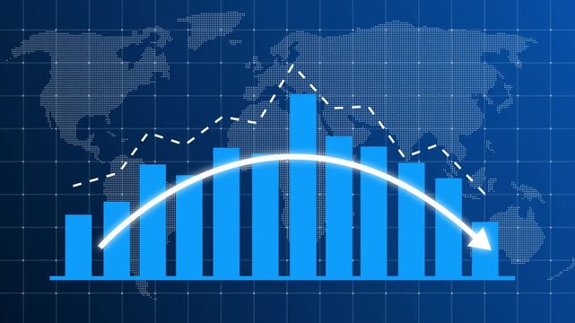 Blue business bar chart with declining curved arrow and dotted downward trend line. Indicates revenue decrease, market downturn, financial loss, risk analysis, negative performance, Business loss fall