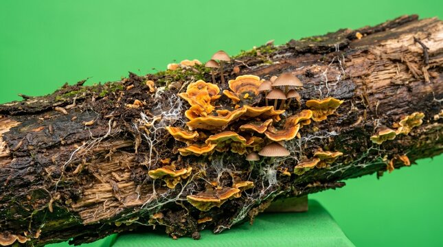 Fungi decomposing fallen tree log in vibrant green mossy forest setting