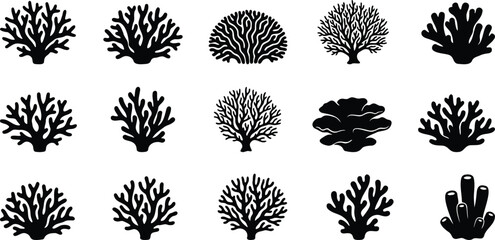 Coral Reef Silhouette Set, Marine Ecosystem Collection, Ocean Nature Vector, Underwater Coral Icons, Tropical Reef Elements, Marine Silhouette Bundle. © Hkpixel