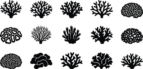 Coral Reef Elements Collection, Marine Life Silhouettes, Ocean Vector Set, Underwater Reef Shapes, Coral Marine Collection, Sea Nature Silhouette Icons. © Hkpixel
