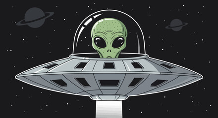 Alien in Flying Saucer, Space Travel, Extraterrestrial UFO © Hanna