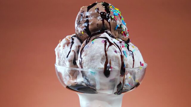 Ice cream in a glass goblet slowly rotates around its axis and is drizzled with fruit fudge.